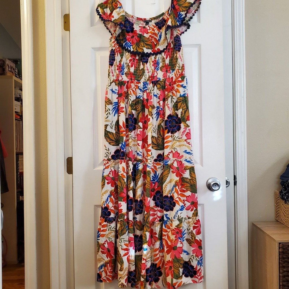 Sam and Jess sz XL vibrant tropical tiered maxi dress off shoulder peasant boho